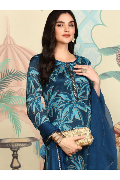Ishin By Styli Women Navy Blue Floral Kurta with Pants and Dupatta Set