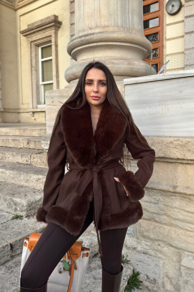 MAGARDE Shawl Collar Fur Lined Tied Cashmere Jacket - Brown