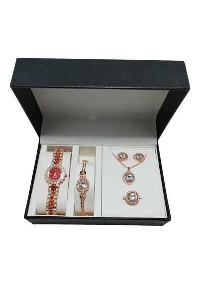 Produse.Top Set Ceas Dama Elegant rosu cu set bijuterii cadou: cercei + colier + bratara + inel + cutie QUARTZ