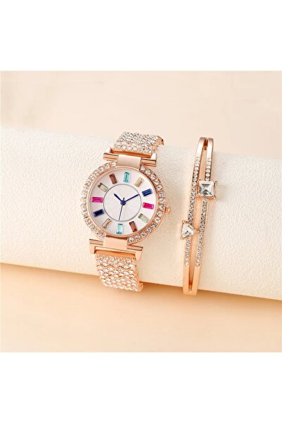 Produse.Top Set Ceas Dama Elegant cadran alb curea roz aurie material inoxidabil cu strasuri + bratara cu stras