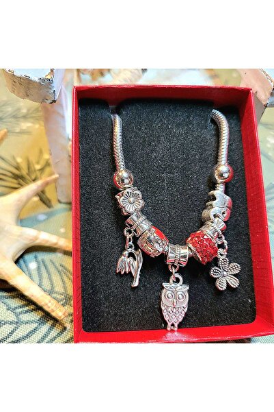 Produse.Top Bratara dama cu charmuri bufnita si margele rosii de shamballa + cutie CADOU BRD012