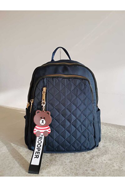 Produse.Top Rucsac fashion albastru din material textil impermeabil cusaturi fine geometrice si breloc fashion c