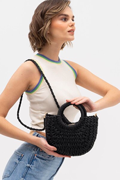 Produse.Top Geanta de dama neagra impletita din paie de vara cu maner rotund si bareta de umar ACGD361