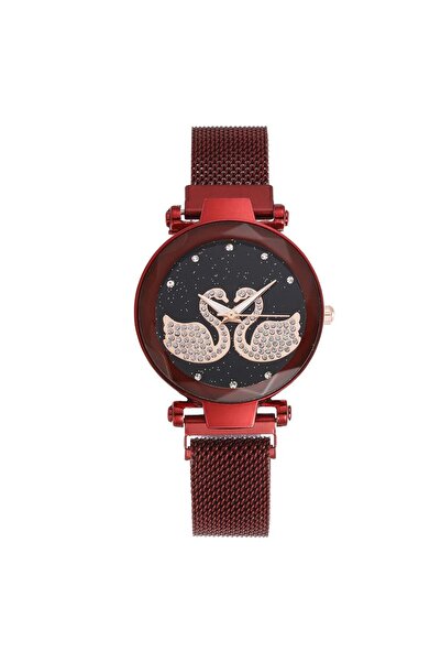 Produse.Top Ceas Dama Casual Elegant Rosu cu 2 lebede si bratara magnetica reglabila QUARTZ CDQZ016