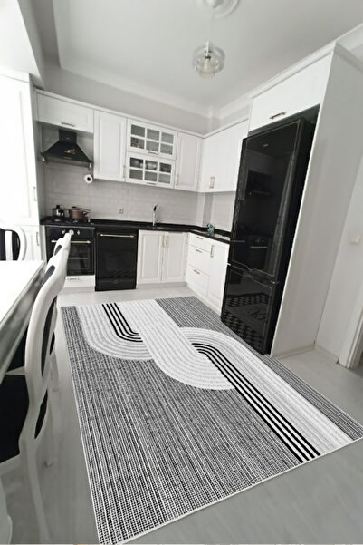 VOPTEKS Gri Siyah Halı Mutfak Halısı Makinede Yıkanabilir Halı Kaymaz Taban Halı