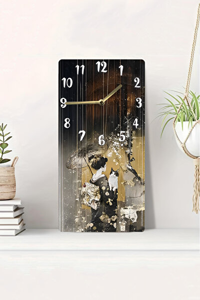 kutuTR ساعة حائط MDF بتصميم ثلاثي الأبعاد وطباعة ثنائية الأبعاد بالأشعة فوق البنفسجية تحمل طابع المرأة اليابانية والقطة - 20x40 سم-DTS130