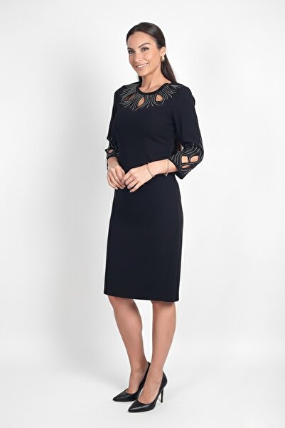 By Saygı Women's Collar and Sleeves Beaded Lined Laser Cut Short Dress