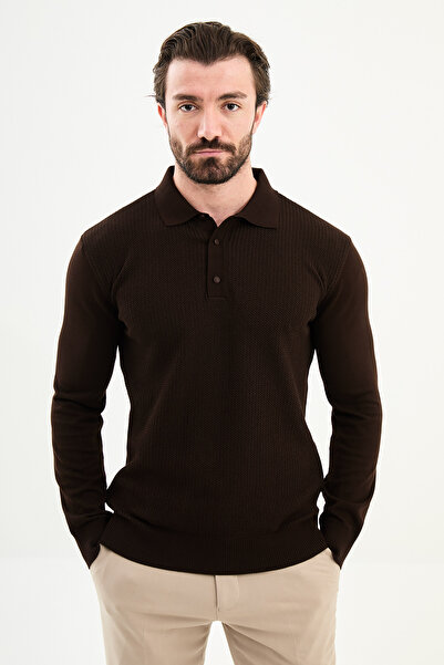 Mcr Knitted Patterned Slim Fit Polo Neck Wool Men's Knitwear Sweater Brown - 11571.25K