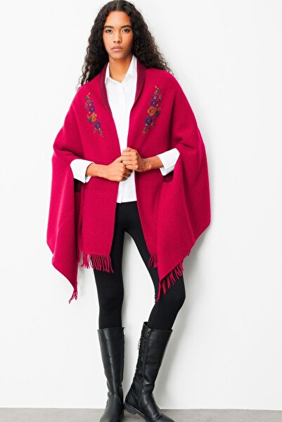 Desen Triko Women's Embroidered Collar, Sleeve-Through, Large Wool Poncho, Dark Red