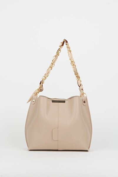 Yerli Kadın Vizon Fularlı Zincir Aksesuarlı Yumuşak Deri 3 Bölmeli Çanta