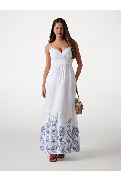 Guess Kadın Beyaz Nakış Işlemeli Uzun Elbise