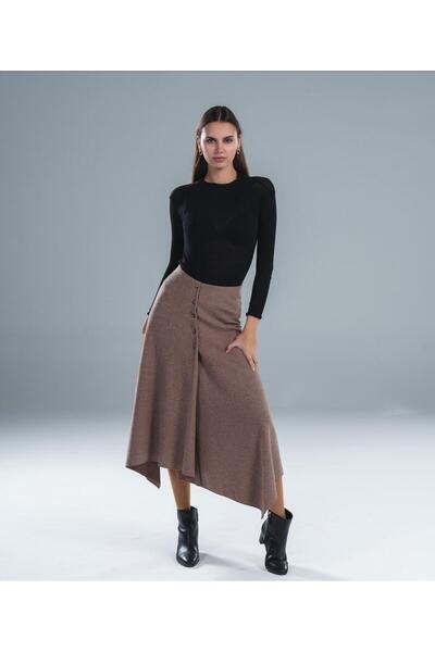 Ales Moda Selanik Zr Model A kesim Midi Düğmeli Etek Kahverengi