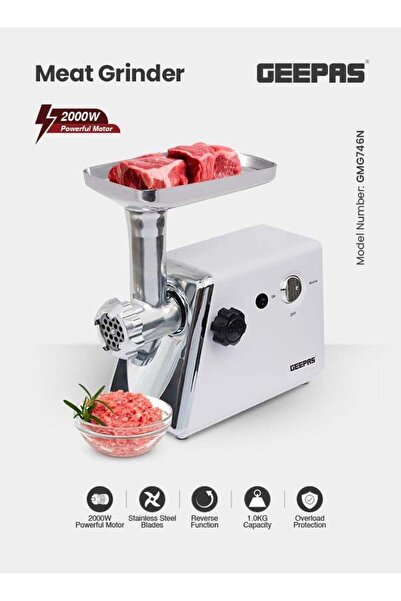 Geepas مفرمة لحوم كهربائية بشفرة من الفولاذ المقاوم للصدأ بقوة 2000 وات GMG746BS أبيض