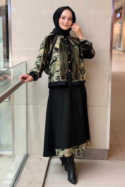 Ghisa Leaf Patterned Velvet Combination Jacket Skirt Set