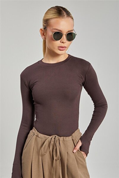 BARRELS AND OIL Women's Finger-Looped Long Sleeve Bodysuit - Bitter Brown
