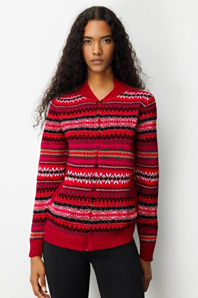 Desen Triko Women's Judge Collar Jacquard Wool Cardigan Dark Red