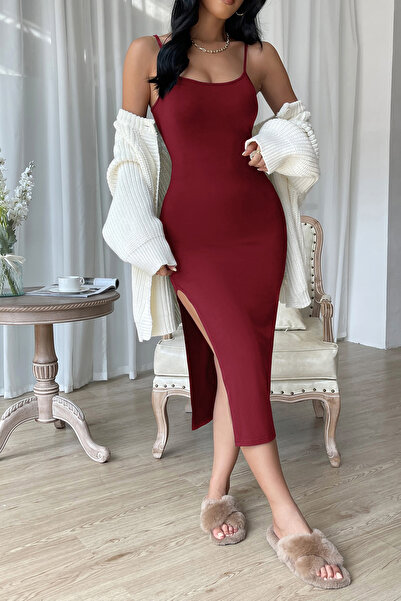 İntive Lingerie Γυναικείο νυχτικό με μπορντό σκίσιμο μέχρι το γόνατο