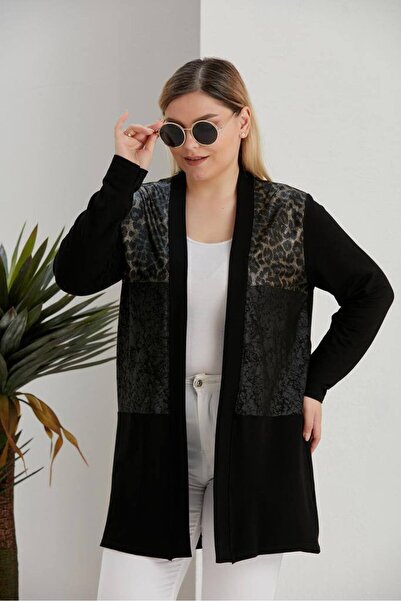 wearon tekstil سترة نسائية من قماش الكريستال بتفاصيل نقشة الفهد على الأكتاف، مقاس كبير، راقية