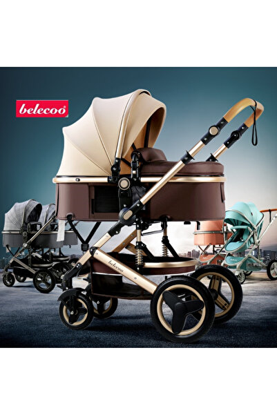 Belecoo Cărucior 2 în 1 cu protecție pentru mâner din piele, landou reversibil, geantă pentru accesorii, sistem multifuncțional