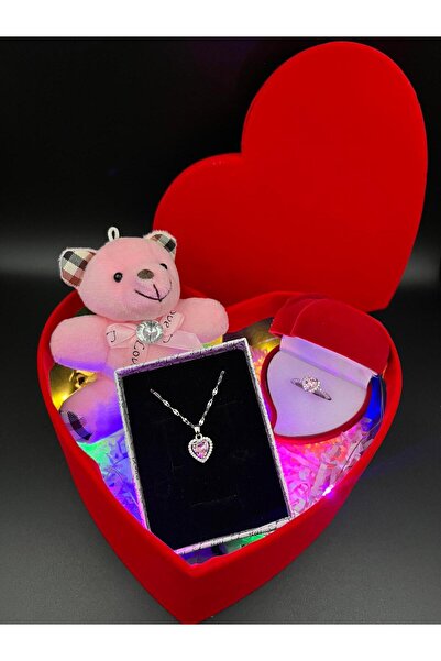 Sepetten Eve Peri Led Işıklı Kalpli Kutu içinde Pembe Ayıcık Kalp Kolye ve Ka...