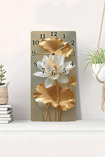 kutuTR ساعة طاولة MDF مطبوعة بالأشعة فوق البنفسجية ثنائية الأبعاد بمظهر ثلاثي الأبعاد مقاس 20 × 40 سم - تصميم زهرة اللوتس البيضاء مع أوراق ذهبية - DTS127