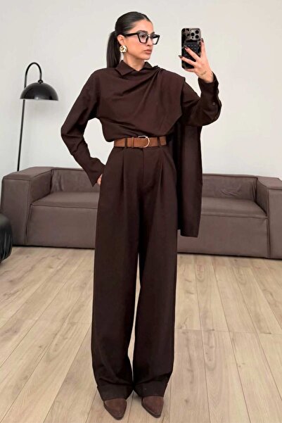 LUV STUDİOS CO طقم مكون من قميص وبنطلون بتفاصيل أكمام بنية اللون وياقة مع شال...