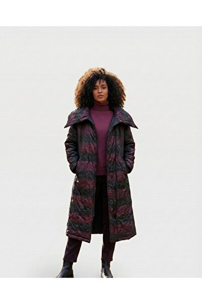 CAN ÇAPAR Palton lung și pufat pentru femei, negru, cu dungi, cu guler lat