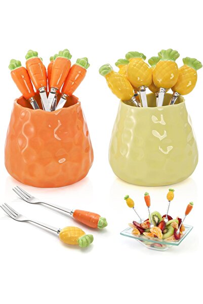 Arabest 12 Pieces Stainless Steel Fruit Forks, Pineapple Carrot Shape Food Picks with Ceramic Jar Handles