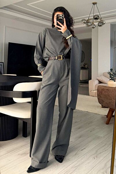 LUV STUDİOS CO Gri Manşet Detaylı Yakası Şallı-Pelerinli Gömlek Pantolon İkil...