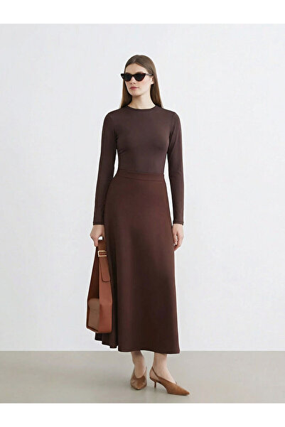 LC Waikiki Lcw Modest Brown Flared Skirt with Zipper at the Waist