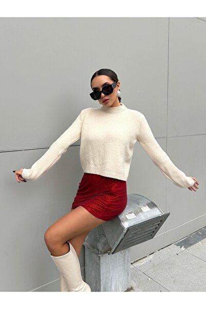 minaaise Kadın Ekru Triko Pullu Simli Bisiklet Yaka Kazak 5591