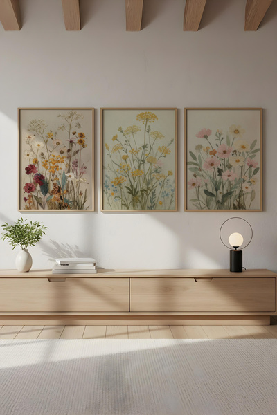 huhuli Ahşap Çerçeveli 3'lü Wabi Sabi Koleksiyon Tablo Seti Huhu711