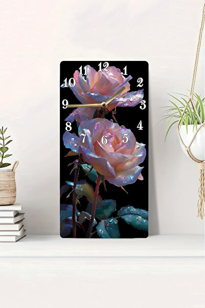 kutuTR 3D Looking 2D Uv Printing Mdf Table Clock –Crystal Sparkling Rose Design on Black Background 20X40 Cm-Dts157
