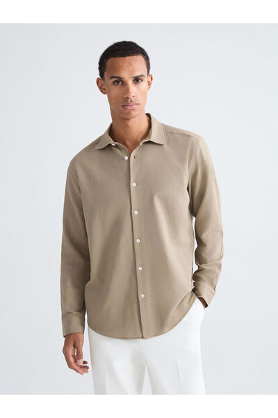 LC Waikiki قميص رجالي بني اللون بقصة عادية من قماش الدبل