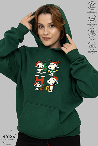 Nyda Collections Unisex Hoodie Uzun Kollu Snoopy Yılbaşı Baskılı Kapüşonlu Şardonlu Oversize Pamuk Sweatshirt
