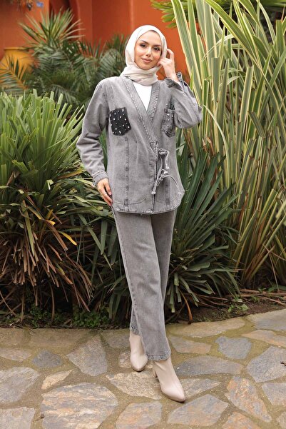 İmajButik طقم جينز مع سترة مطرزة بالحجر المدخن