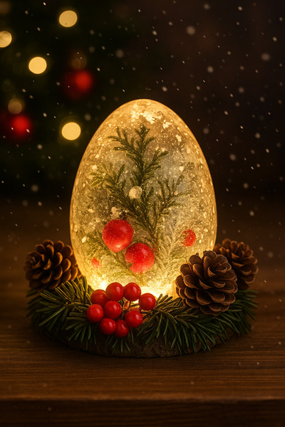 Avrupa Akademi LED Işıklı Epoksi Yumurta Dekor – Gerçek Çam Dalı ve Kokina Çi...