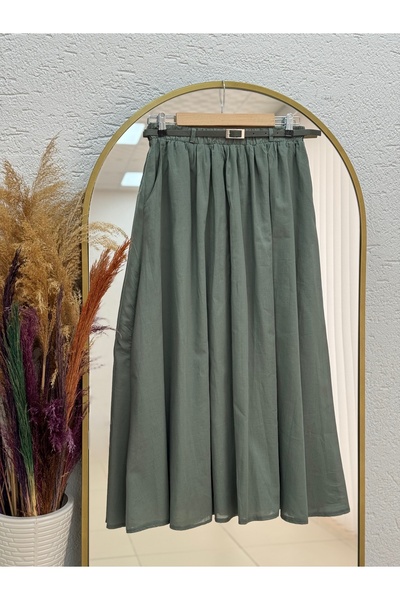MİHRA STORE Bilge Büzgülü Kemerli Vual Etek-EK747 Haki