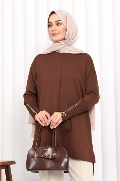 İmajButik Brown Sleeve Zippered Cold Thread Knitwear Tunic