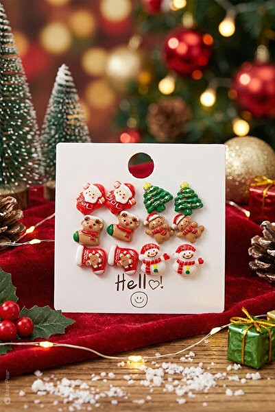 BearPear 12 Adet Yılbaşı Küpesi Noel Baba Geyik ve Çam Ağacı Küpeleri 12'li