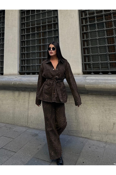 cemo Leopard Desenli Oversize Ceket & Bol Paça Pantolon Takımı