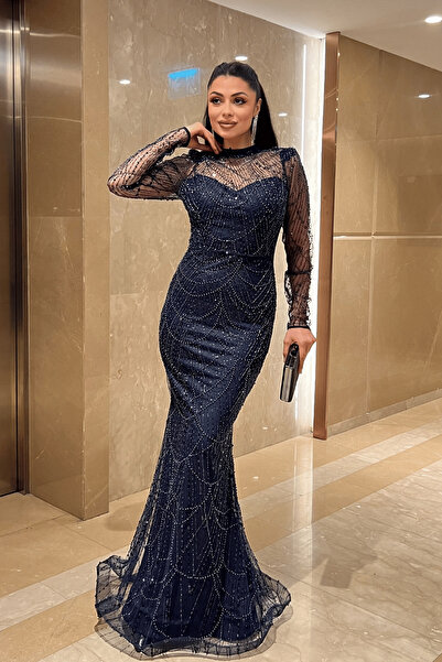giyimmasalı Full Beaded Fabric Fish Evening Dress - Dark Blue