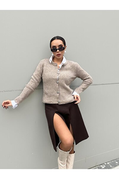 mina aise Women's Cardigan Mink Sequin Glitter Buttoned Knitwear Cardigan 5590