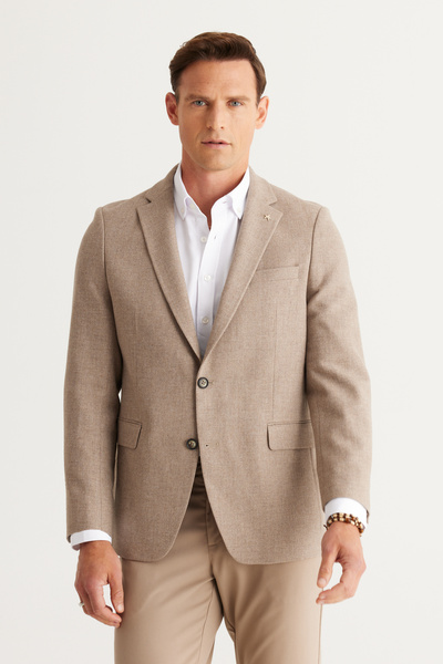 ALTINYILDIZ CLASSICS Beige Regular Fit Wide Cut Mono Collar Diagonal Patterned Wool Blazer Jacket