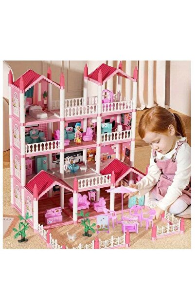 Generic 4-Story 14-Room Dollhouse with Lights - Pink Dream Playhouse DIY Gift for Kids