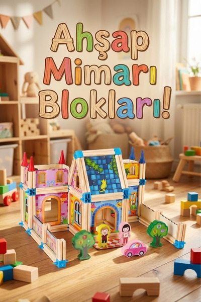 craftivio 128 Parça Ahşap Yapı Blokları - Eğitici Maket Ev İnşaat Seti - Mont...