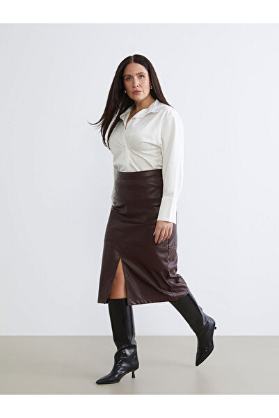 LC Waikiki Burgundy Plus Size Zippered Waist Leather-Look Skirt