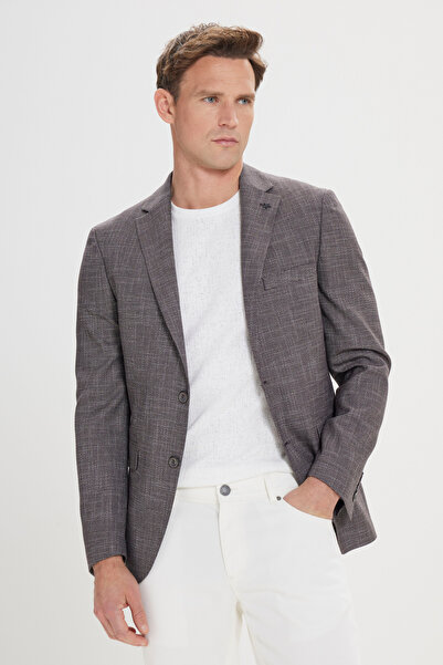 ALTINYILDIZ CLASSICS Black-Burgundy Slim Fit Slim Fit Mono Collar Patterned Blazer Jacket