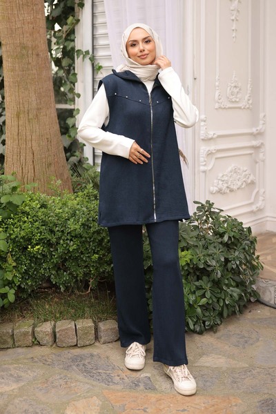 İmajButik Navy Blue Corded Fabric Vest Tunic Trouser Triple Suit