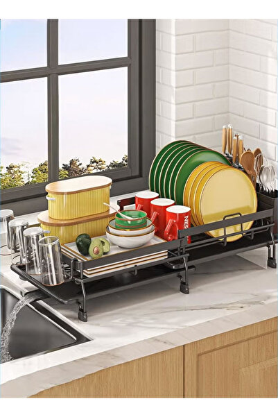 Generic Extendable Dish Drying Rack with Drainboard Set Multifunctional Dish Rack for Kitchen Counter Black